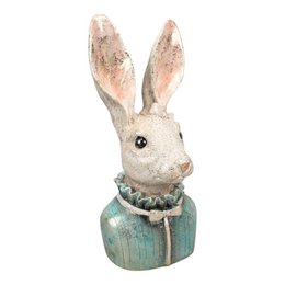  Resin rabbit bust figurine, 23 cm tall, with a rustic, vintage-inspired design. Features a detailed rabbit head and neck on a distressed wooden base.