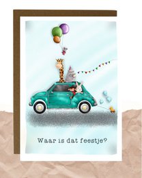 Colorful postcard with a vintage car, balloons, and the text "Waar is dat feestje?" which translates to "Where's that party?". The postcard is suitable for birthday celebrations.