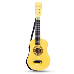 Yellow wooden guitar with 6 strings and a neck. Suitable for children's musical play and learning.