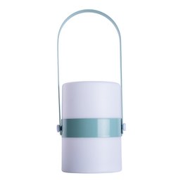 Mint-colored LED decorative lamp with an arched handle for outdoor use.