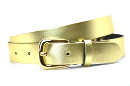 Gold metallic leather belt with rectangular buckle, women's fashion accessory, adjustable sizing.