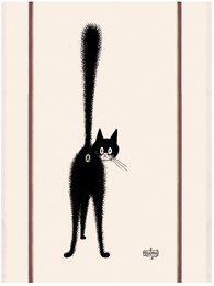 Large black cat with a fluffy tail and big eyes on a beige background.