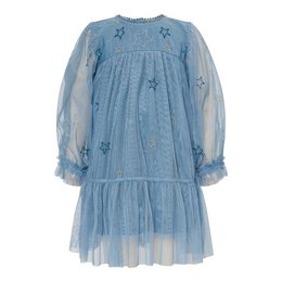 A light blue, long-sleeved dress with a flared skirt and delicate embroidered stars. The dress features a high neck, puff sleeves, and a tiered, tulle skirt. This whimsical and feminine dress is perfect for young girls.
