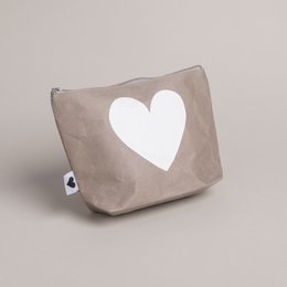  Gray cosmetic bag with a white heart design, made of PU material, suitable for makeup storage.