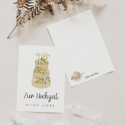 Elegant wedding cake postcard with floral design, featuring the text "Zur Hochzeit" (For the Wedding) in a minimalist style.