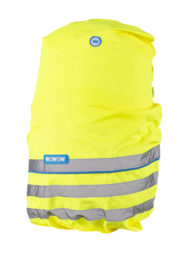 A bright yellow backpack cover with reflective strips, designed for kids' backpacks. The cover is made of durable material and features a logo, providing visibility and safety for young students.