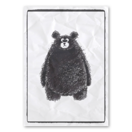 A chubby, fluffy black bear depicted in a black and white illustration on a poster for a kids room.