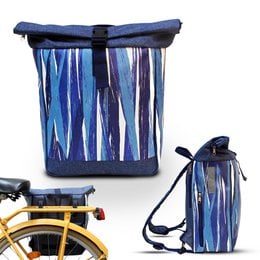 A blue and white striped backpack/bike bag with a roll-top closure and adjustable straps.