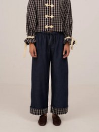  Quirk denim pants, women's pants in sizes XS-L, featuring a checkered pattern, button-up design, and wide-leg silhouette.