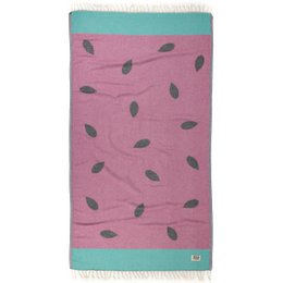 A pink and teal beach towel with a watermelon print pattern. The towel is made of 100% cotton and is OEKO-TEX certified.