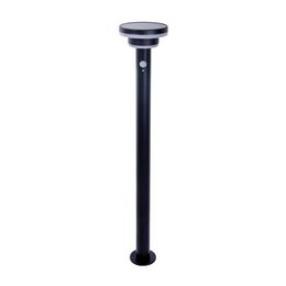 A tall, black solar-powered LED floor lamp with a round light fixture on top. The lamp has a sleek, modern design and is suitable for outdoor use.