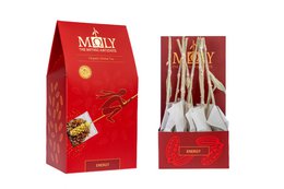 Herbal tea with real herbal stems, organic, energy-boosting blend.