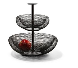 Black mesh etagère with two tiers for displaying fruit or other items. The etagère has a modern, minimalist design with a sturdy metal frame.