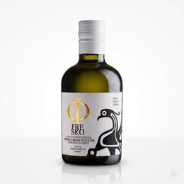  Dark glass bottle, extra virgin olive oil, monovarietal Koroneiki, organic, minimalist label design, premium quality.