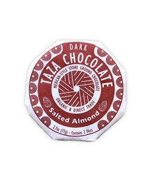 Dark chocolate disc with salted almonds, organic ingredients.