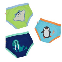  Colorful, patterned training pants for boys featuring a sea creature design and a penguin design. The pants are made of soft, breathable material and are designed to help with potty training.
