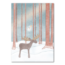 A Christmas card featuring a whimsical illustration of an elf with a moose in a snowy forest setting with colorful vertical stripes.