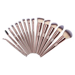 A set of 15 makeup brushes in rose gold color, including various brush shapes and sizes for eye and face makeup application. The brushes come with a matching rose gold brush holder.