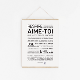 Poster with the text "RESPIRE AIME-TOI" in a minimalist, typographic design. The poster is available in multiple sizes including mini (10.5x14.8), A3 (29.7x42), and A2 (42x59.4).