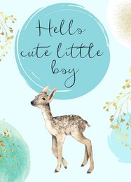 A cute baby deer with large eyes and a soft, fluffy appearance. The deer is set against a light blue background with gold accents, and the text "Hello cute little boy" is written in a cursive font.
