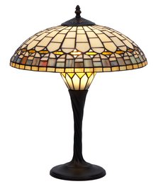 A round, tall table lamp with an opaline Tiffany-style glass shade in a quartz color palette. The lamp has a dark bronze base and measures 40 cm in diameter.