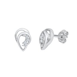 Elegant silver-toned stud earrings featuring shiny rhodium-plated 925 sterling silver and sparkling zirconia stones. The heart-shaped design adds a touch of romance and sophistication.