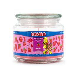  A round, tall scented candle in a glass jar with a strawberry-themed label. The candle is part of the Haribo Strawberry Happiness collection and weighs 300g.