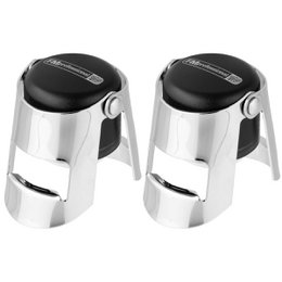 Set of 2 chrome-plated champagne stoppers with black accents. Designed to keep champagne fresh and bubbly.