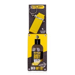 This gift set for men includes a body wash and a keychain. The body wash is in a yellow bottle, and the keychain is a yellow tape measure.