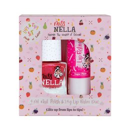 This duo set of kids nail polishes includes two shades - Tickle Me Pink and Sugar Plum. The set comes in a colorful, patterned box with a whimsical design. The nail polishes are suitable for young children and feature fun, vibrant colors.