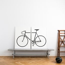 Large black and white poster featuring a simple bicycle illustration. Suitable for wall art in a modern, minimalist home decor.