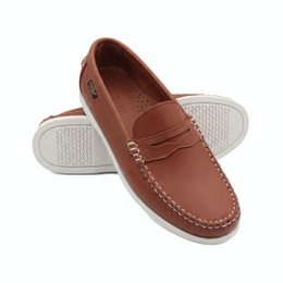  Brown and navy leather loafers with decorative stitching detail, casual slip-on style men's shoes.