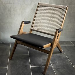 Smoked oak and beige chair with black upholstery, featuring a slatted backrest and armrests.