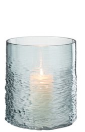 Small blue glass candle holder with textured surface.