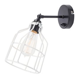Black wall lamp with white cage-style shade. Features an adjustable arm and a simple, industrial-inspired design.