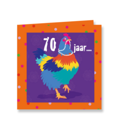  Colorful birthday card with vibrant rainbow chicken, "70 jaar" text, orange border, festive design for 70th birthday celebration.