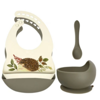 Set of silicone bibs + bowl with suction cup and spoon - Hedgehog Sage