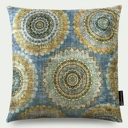 Circular mandala-style patterns in shades of blue, gold, and brown adorn this plush velvet throw pillow. The intricate design and rich colors make this a stylish accent for any living space.