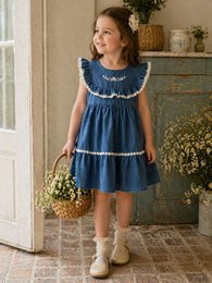  Blue denim dress with white lace ruffles, sleeveless, tiered skirt, kids clothing