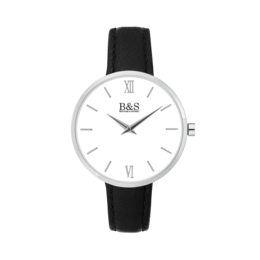 A sleek, minimalist watch with a white dial and black leather strap. The watch features a simple, elegant design with Roman numeral hour markers and a slim profile, making it a versatile accessory for both casual and formal wear.