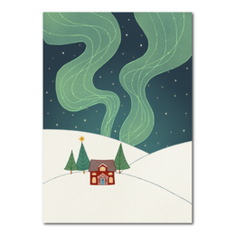 Festive Christmas card with a cozy cabin in a snowy landscape under a starry night sky and colorful northern lights.