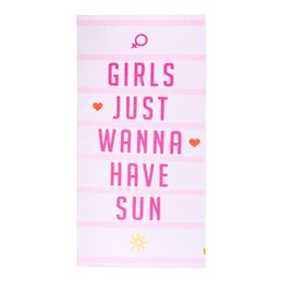 A large pink beach towel with the text "GIRLS JUST WANNA HAVE SUN" printed in bold, vibrant letters. The towel has a playful, summery design with small heart and sun icons.