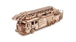 A wooden model kit of a fire truck, featuring a tall ladder and detailed design. The fire truck measures approximately 37.8 x 9.8 x 12.2 cm.