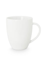 White ceramic mug with ear-shaped handle, 250ml capacity, suitable for hot and cold beverages.