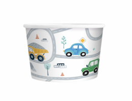  Set of 6 colorful ice cream cups featuring cartoon vehicles like cars, trucks, and construction equipment. Cups are 150 ml capacity.
