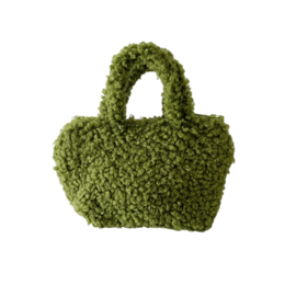  A small, green, textured handbag with a zipper closure. The bag appears to be made of a soft, plush material, possibly chenille or a similar fuzzy fabric. The shape is a simple, structured tote design with a single handle.