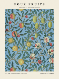 Colorful poster featuring a vibrant floral pattern with various fruits, including pears, apples, and berries, against a blue-green background.