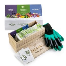 The Grow Your Own 100 Seed Box is a gardening kit that includes a wooden box, 100 unique seed packets, gardening gloves with claws, and an instruction booklet. The kit allows users to grow a variety of herbs, veggies, and flowers.