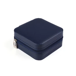 Navy blue jewelry box with a square shape and a zipper closure. Suitable for storing and transporting jewelry items while traveling.