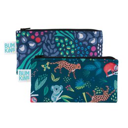 Reusable snack bags with jungle animals, leopard, leaves, colorful prints, teal blue fabric, small size two pack.